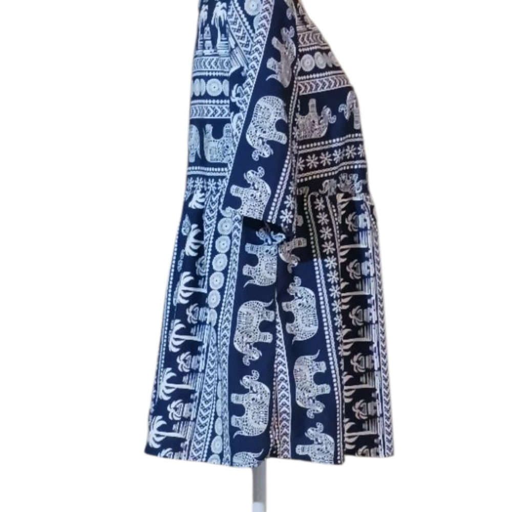 Tropical Tunic Top Empire Waist Blue & White Short Sl. Cool Loose Fit Women's M - Picture 2 of 5